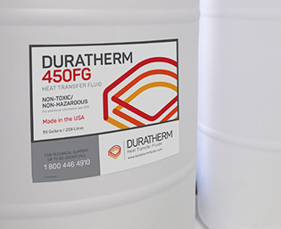 Fusti di fluido termico Duratherm 450FG di grado alimentare.