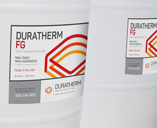 Drums of Duratherm FG food grade thermal fluid.